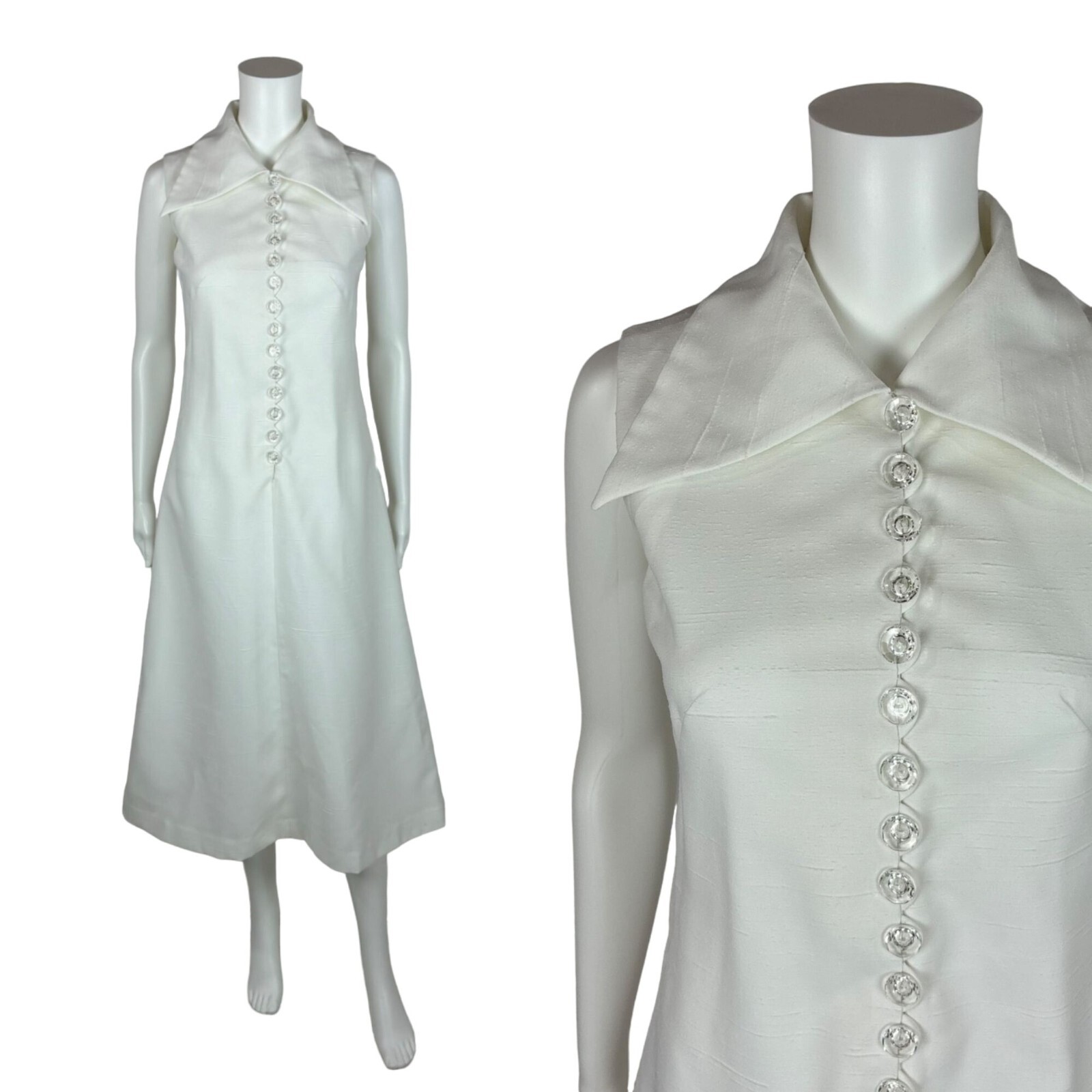 Vintage 70s White Dress Women’s XS Faux Silk Clear Buttons Pointed Collar Weddin