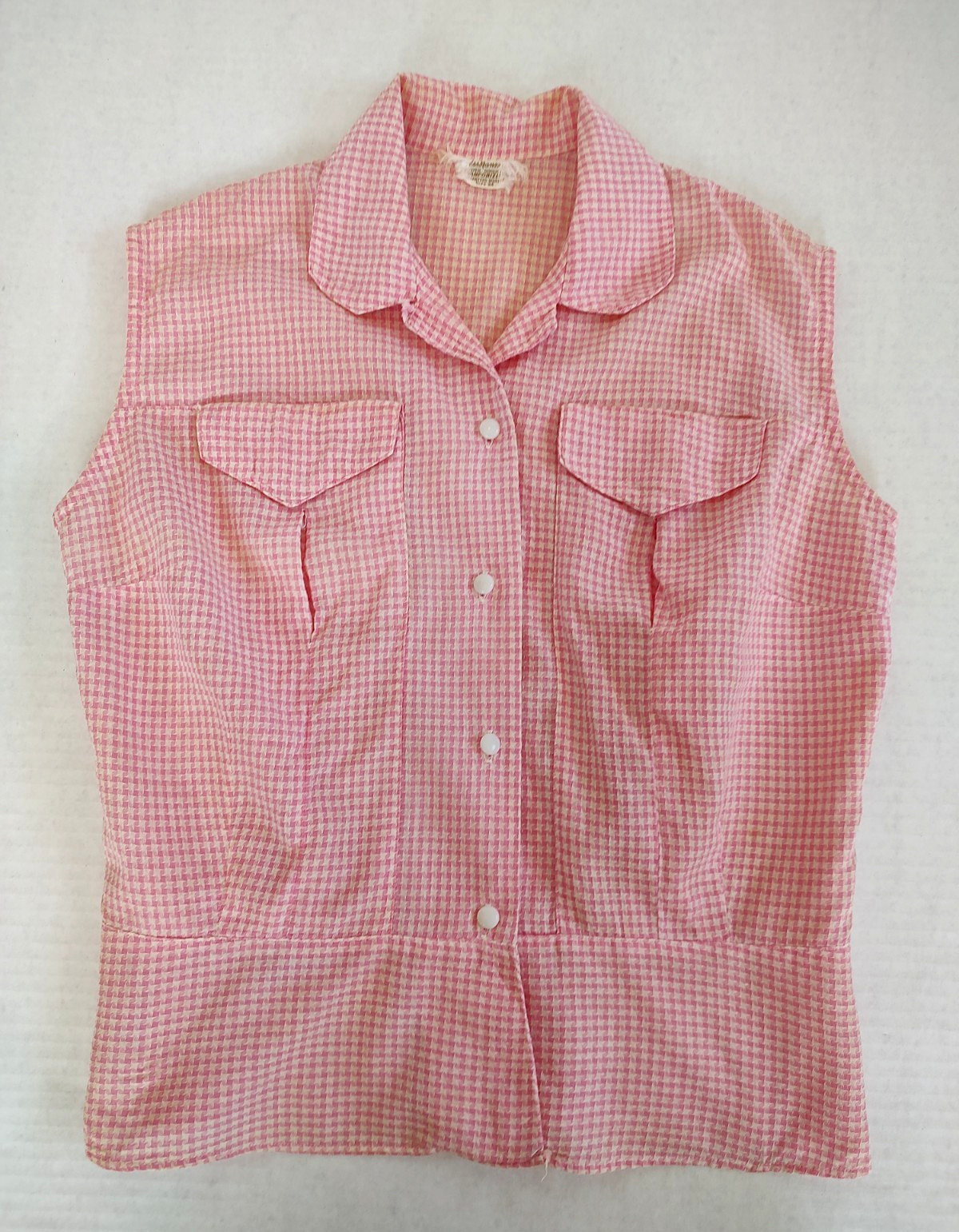 Vtg 60s Womens Sanforized Gingham Shirt Top Sz 34 Pink Check Fitted Rockabilly