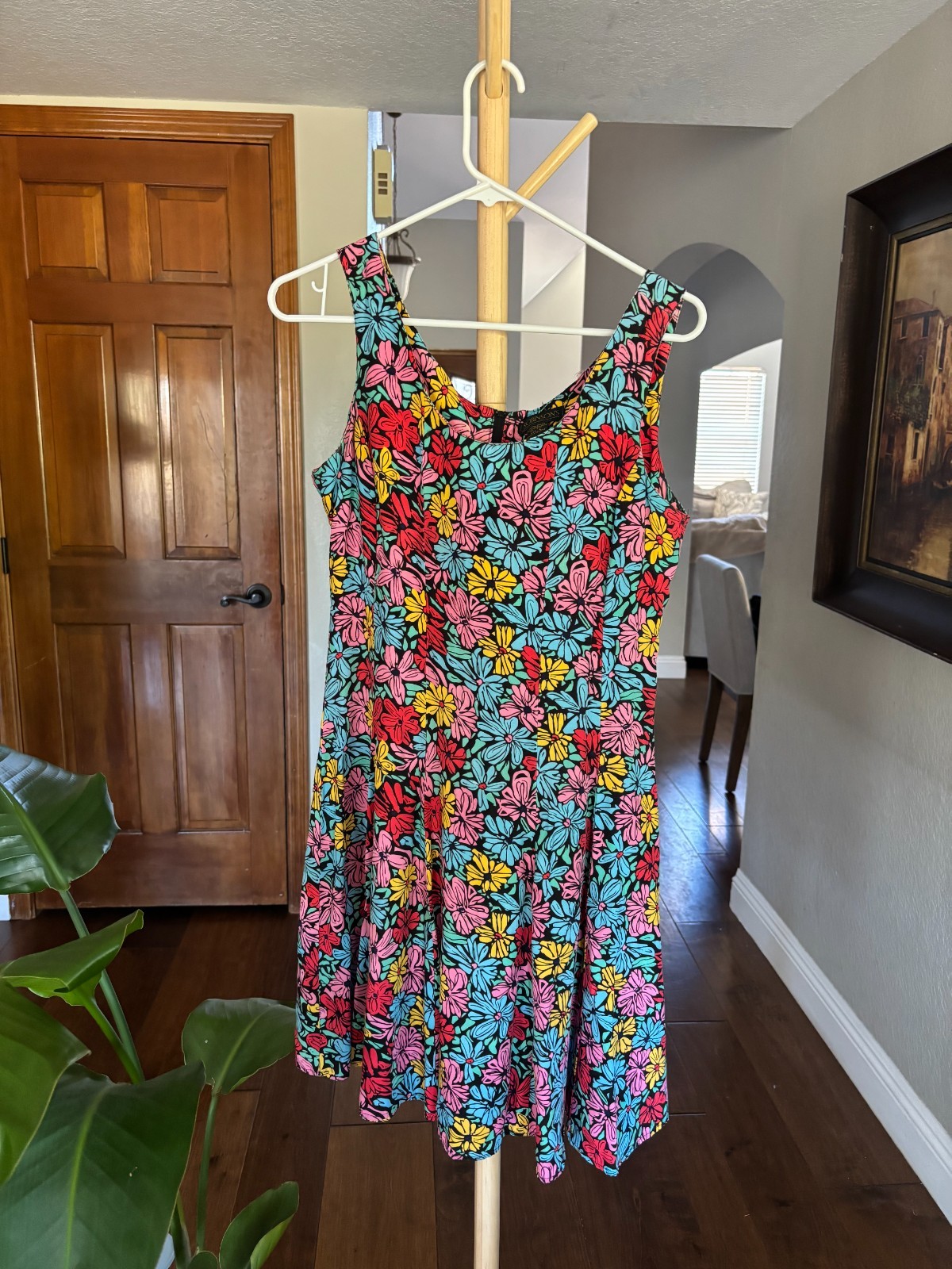 Vintage Robinson’s Bold Multicolor Floral Black Rayon Sleeveless Dress Size L 90