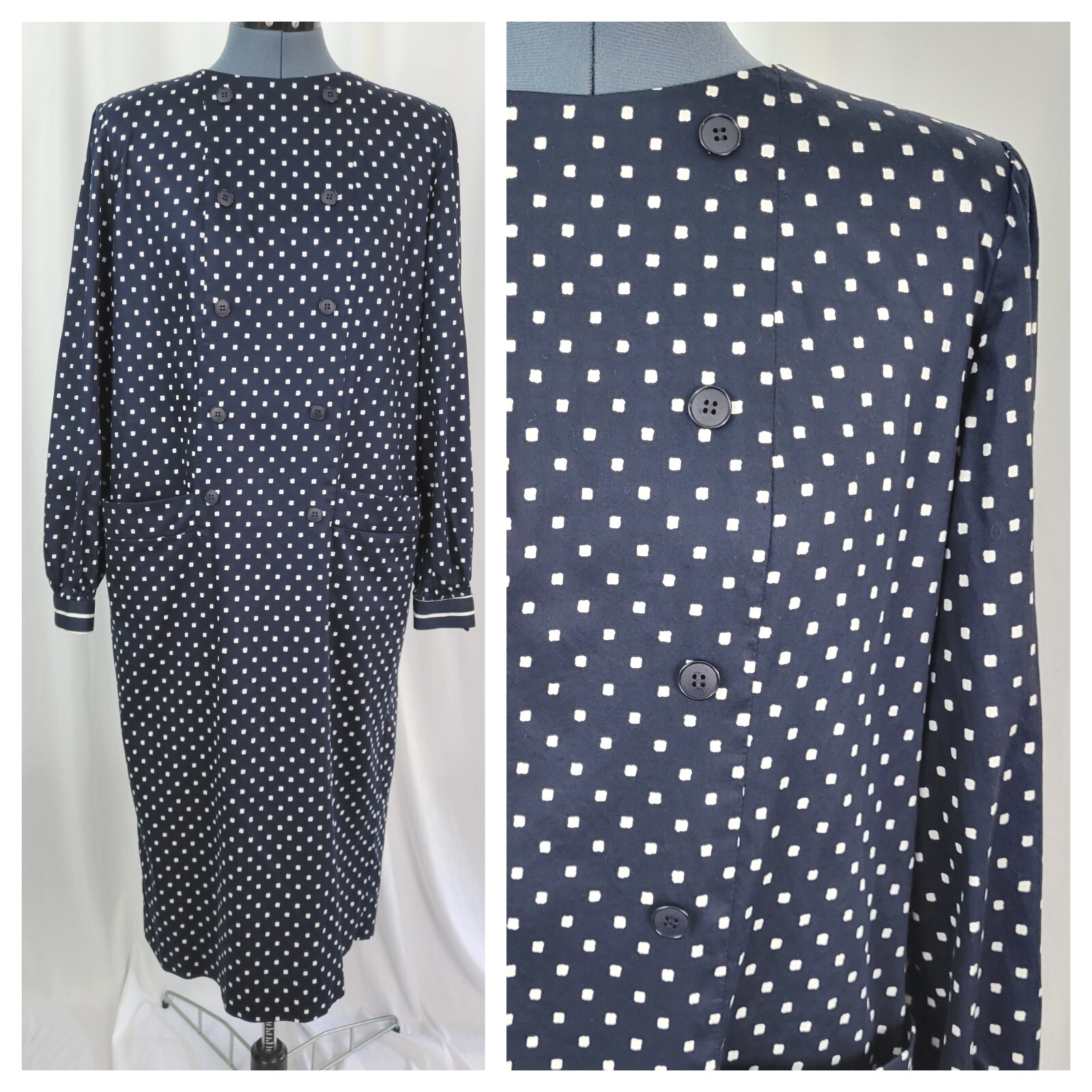 Vintage Stanley Sherman Navy Blue Dress w White Square Dots Size L/XL?