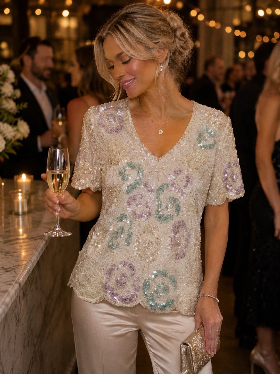 Papell Boutique Silk Beaded Sequin Floral Evening Blouse Cream Large Vintage