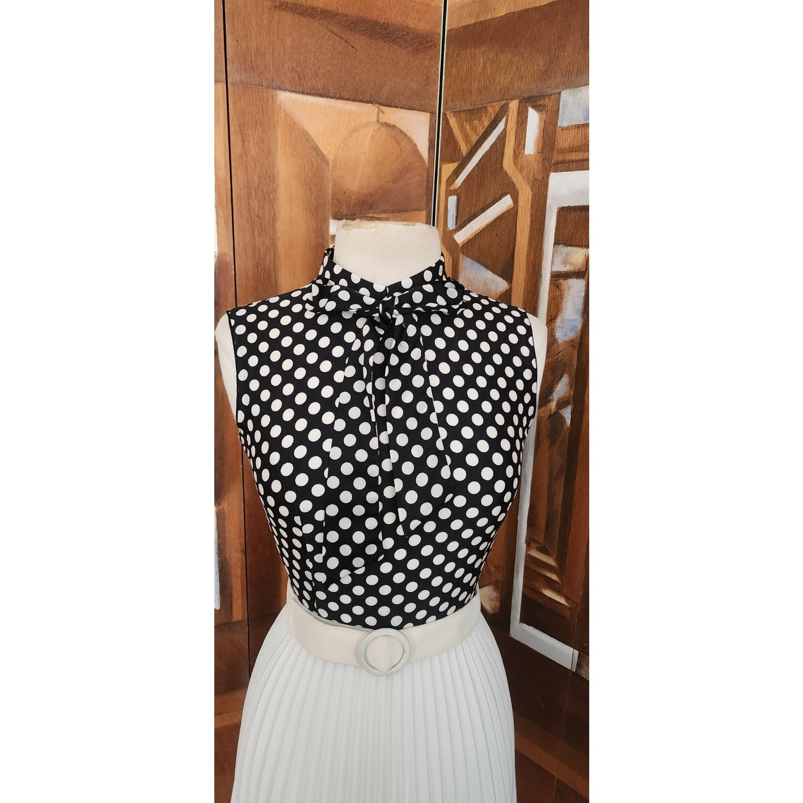 Vintage 1970s Maxi Dress Polkadot Print Pleated Skirt Black White Belted / S