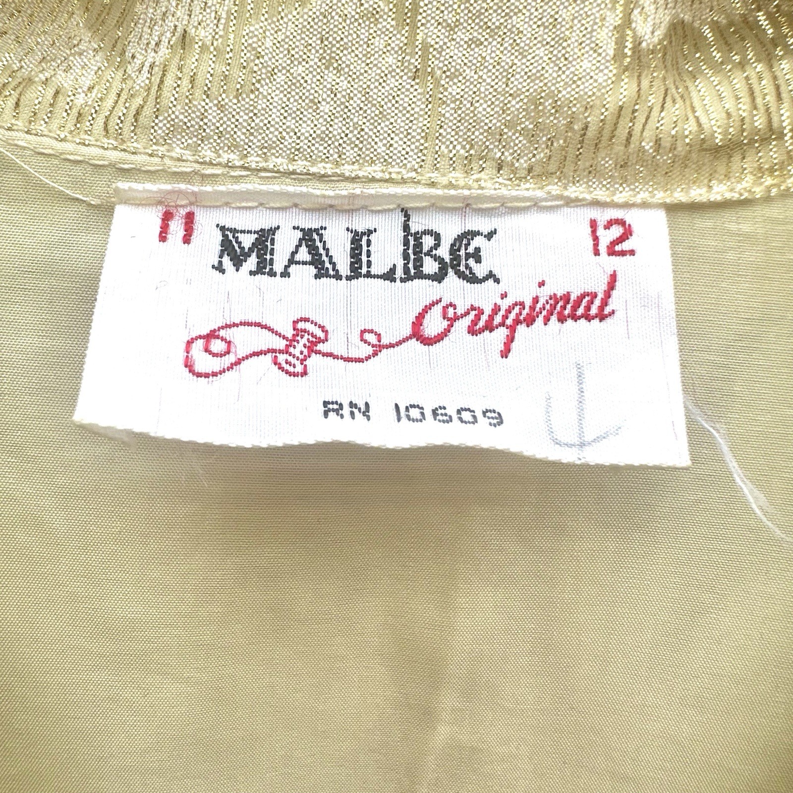 Vintage Malbe Original Lace Blouse Cream Gold Metallic Accent Sz 11 12 RN 10609