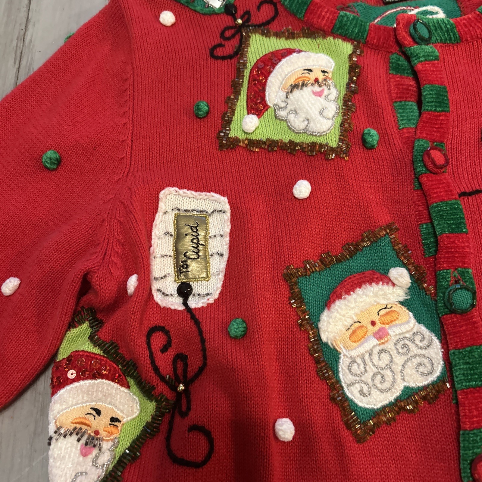 Berek Red Green Christmas Santa Reindeer Gift Tags Beaded Pom Poms Cardigan Sz M