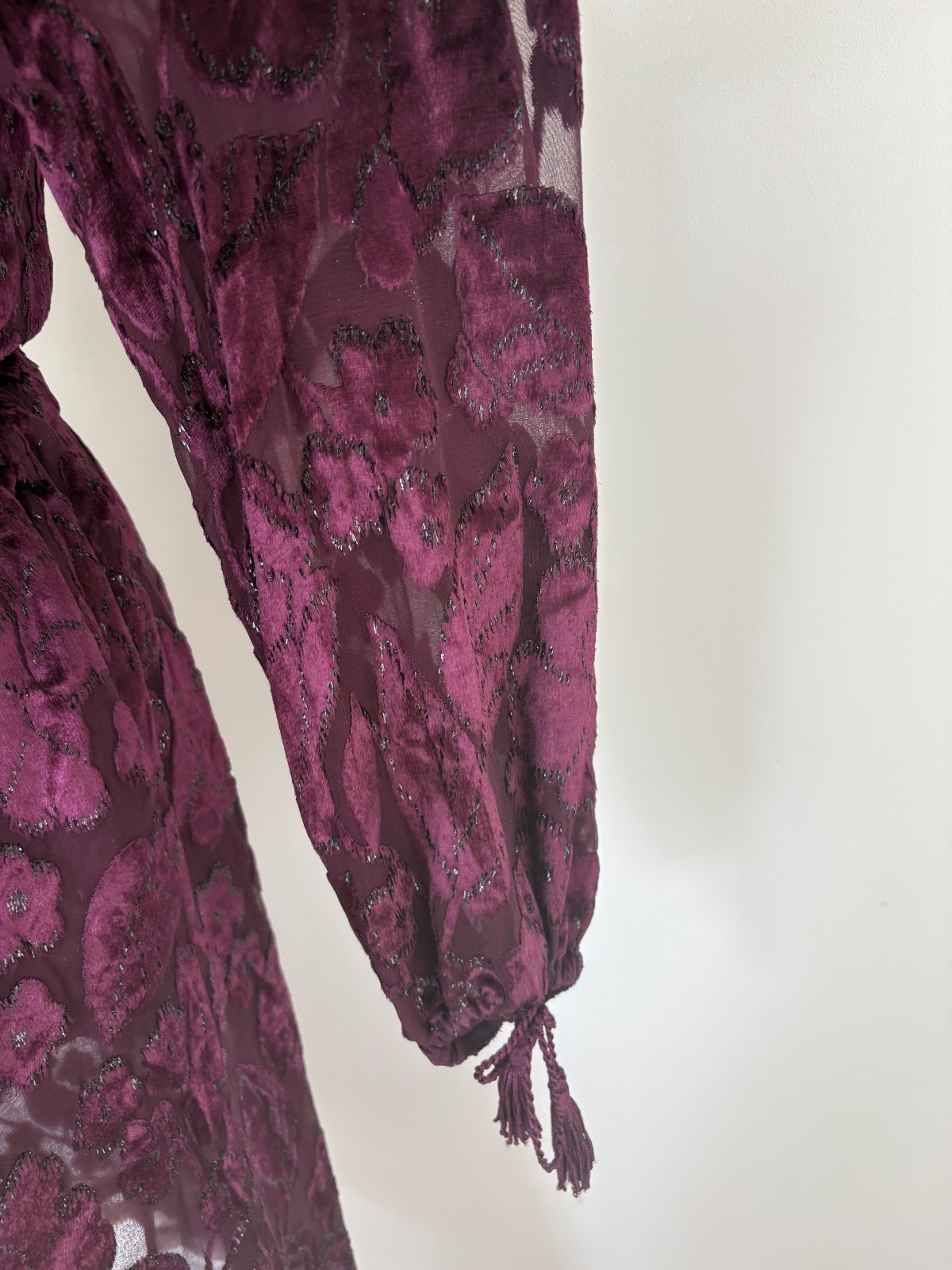 VTG 1977 Oscar de la Renta Burgundy Devoré Tassel Blouse & Skirt Set