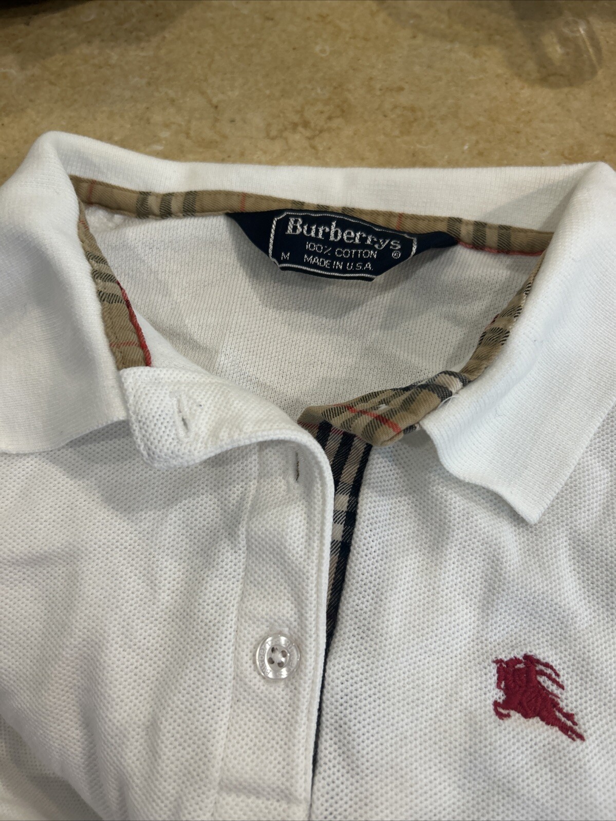 Vintage Burberrys USA Polo Shirt Womens Sz M Nova Check Placket White EUC