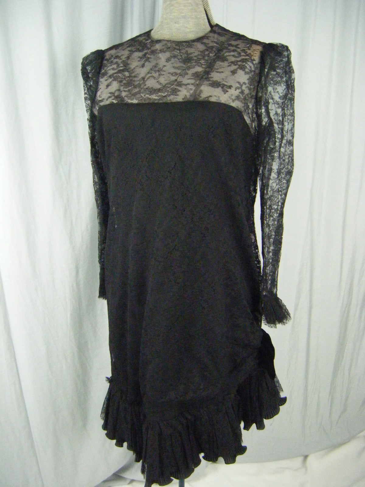 JILL RICHARDS Vtg 70s Black Illusion Ruffle Lace 20s Inspired Dress-Bust 39/M