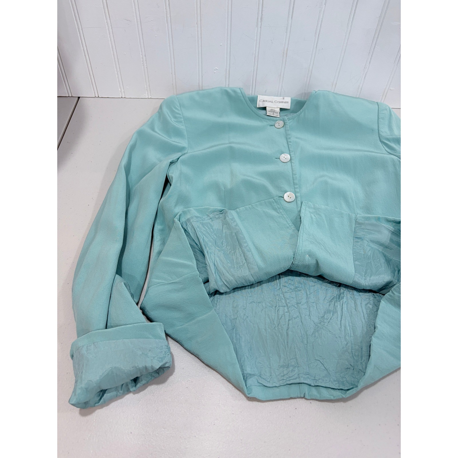Vintage Casual Corner 100% Silk Button Front Blouse Aqua Turquoise Lined Size 2