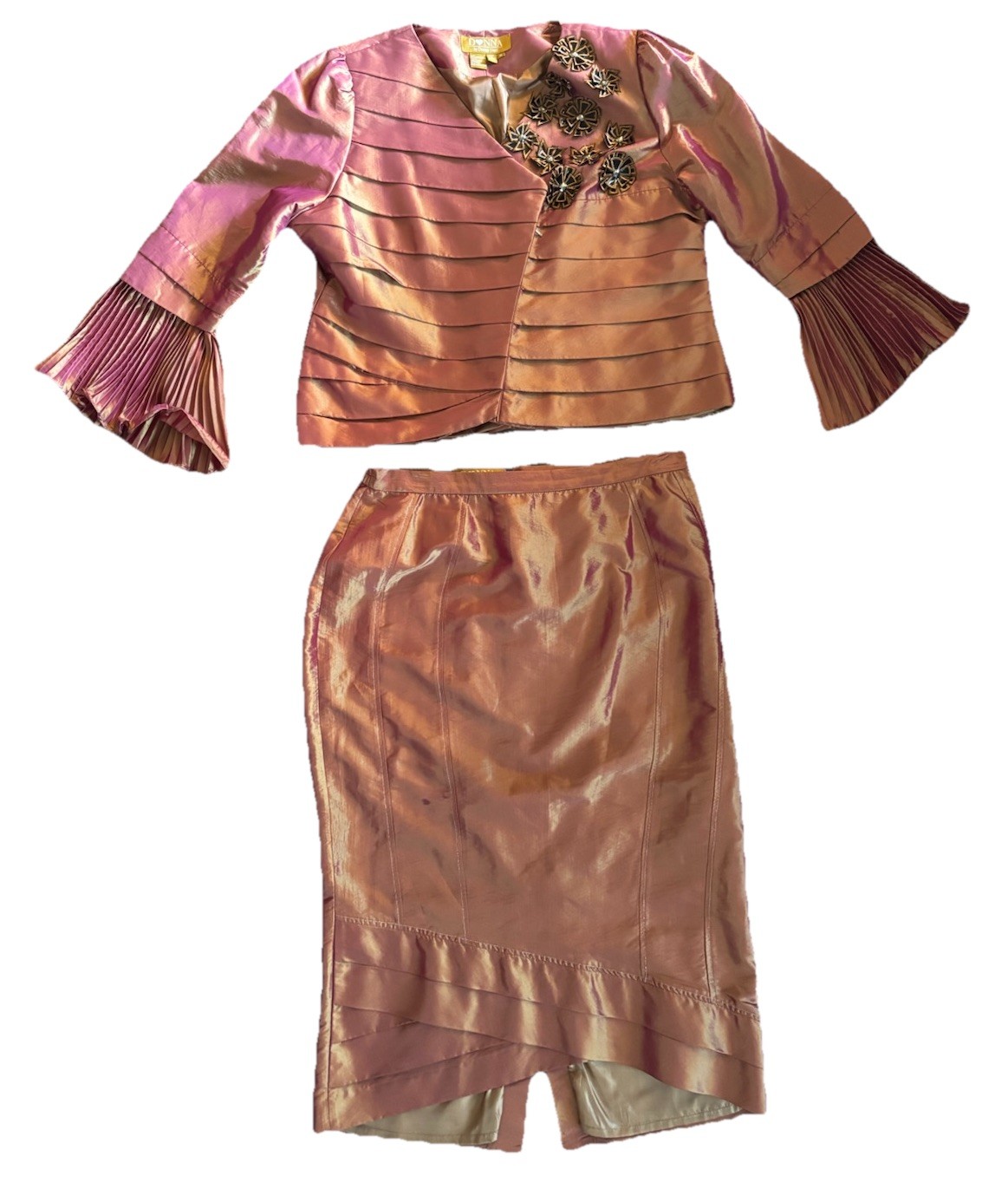 Donna Vinci Foiled Gold Suit Jacket & Skirt Layered Embellishing Vintage Size 18