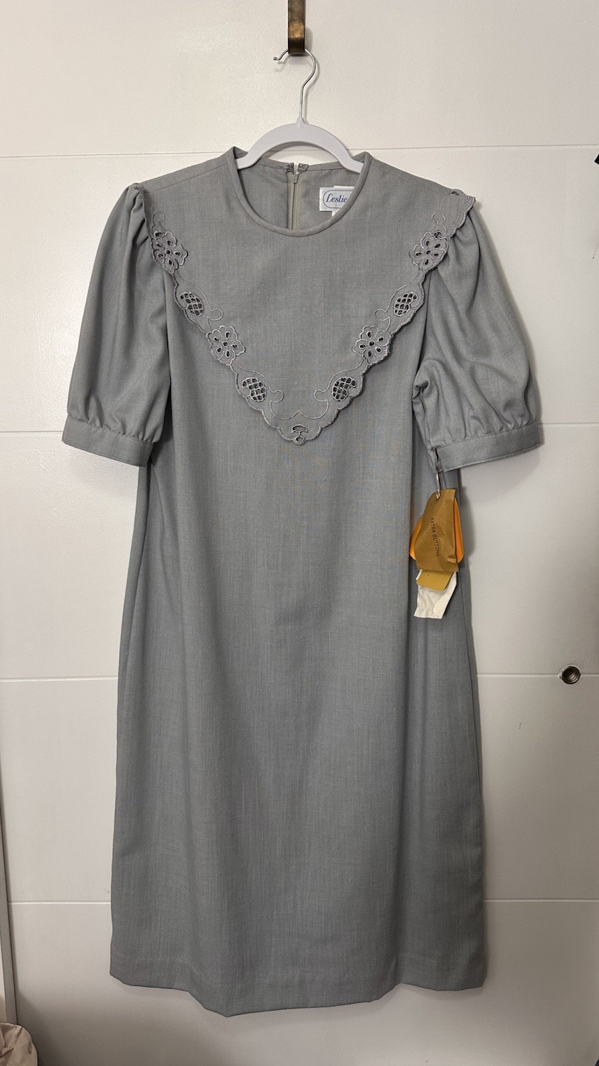 Leslie Fay Vintage 80s Grey Eyelet Short Sleeve Secretary Style Dress Size 14