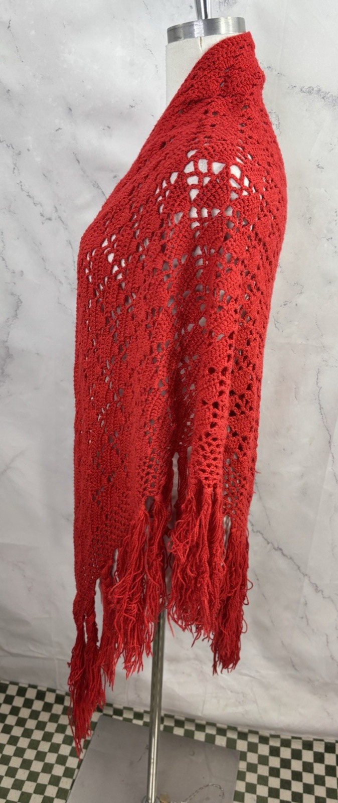 Vintage 70s Crochet Knit Shawl Red Cape Wrap cottagecore Boho Hippie Festival