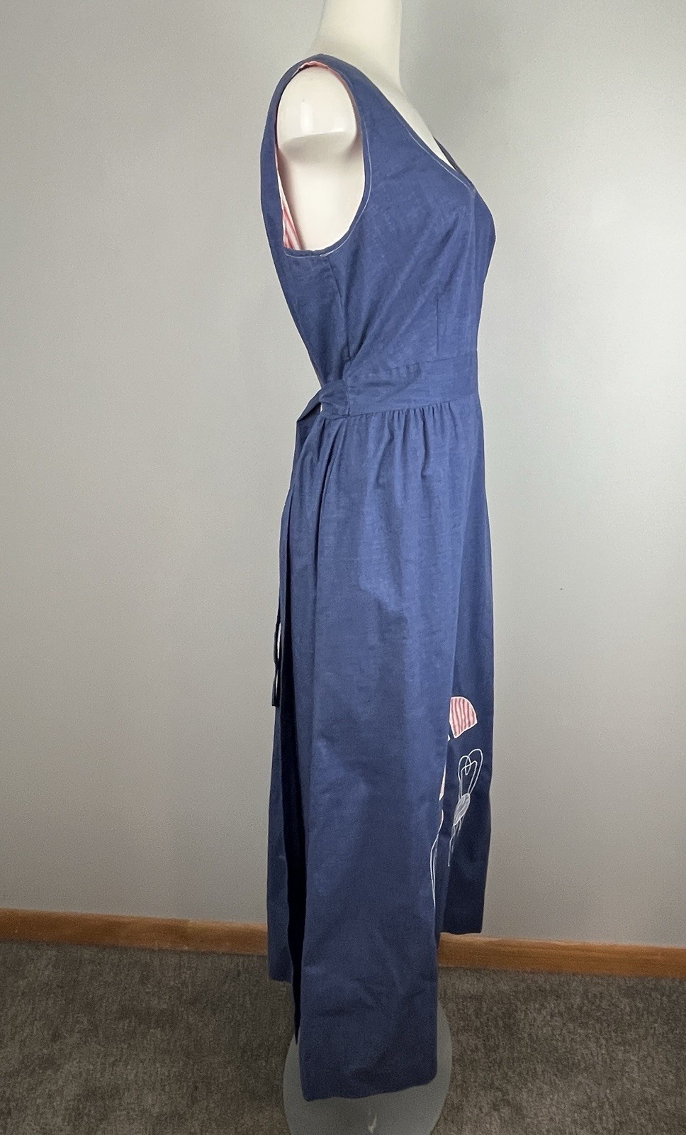 Vintage 1970s Wrap Maxi Dress Concept Swirl Sundress Blue Umbrella Applique S/M