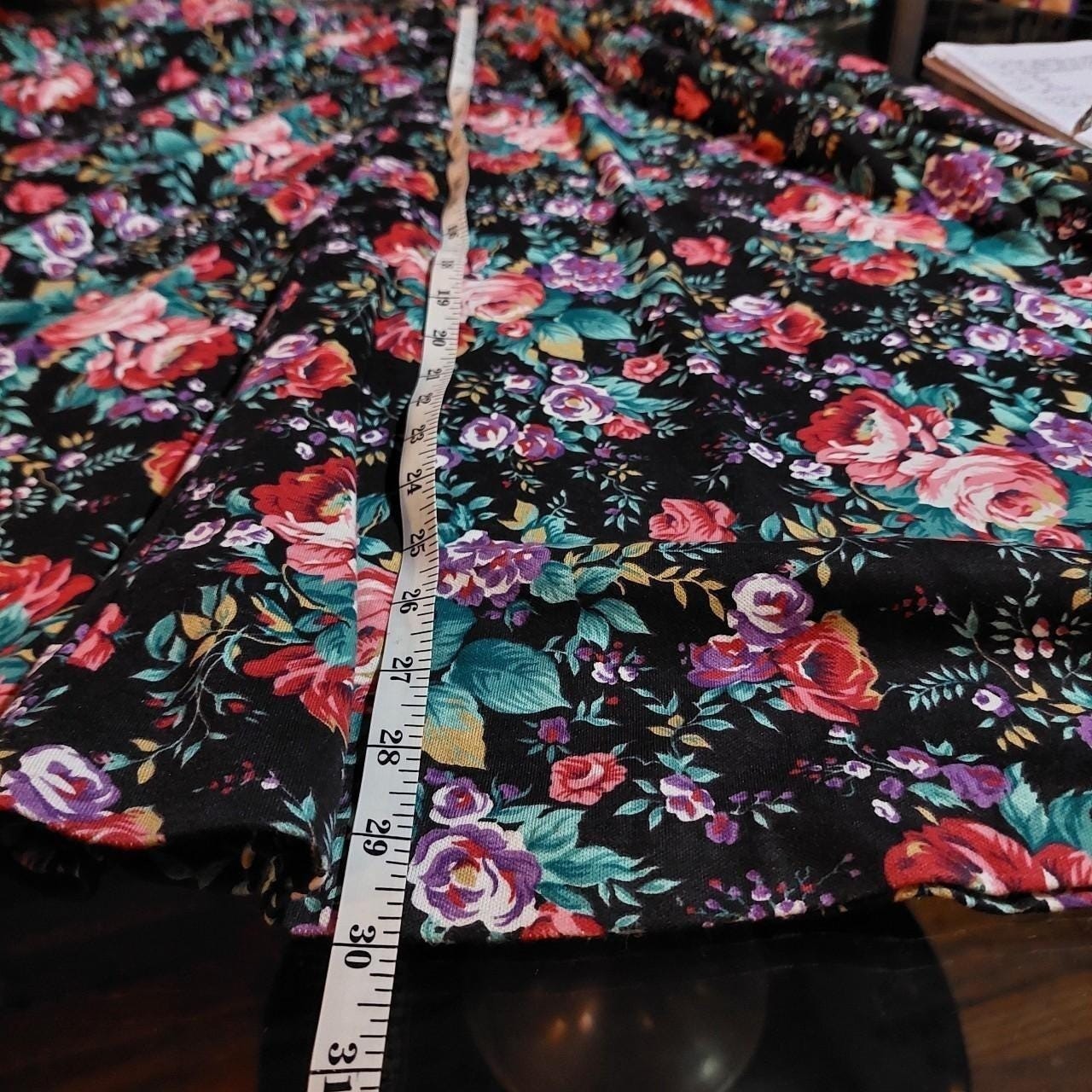 Vintage black, pink, and green floral dress with buttons and scalloped collar