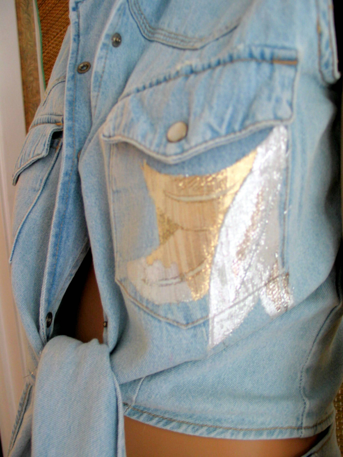 Embellished matching VTG denim Gap skirt and jeans + Union Bay vest set, sz S/M