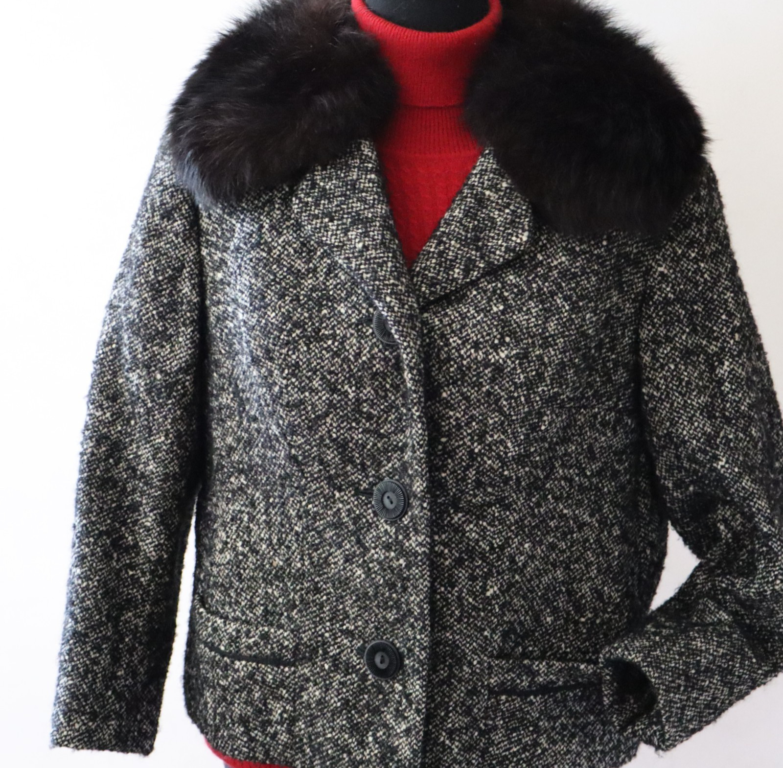 Vtg Jobis High Class Black Tweed Jacket w Black Fur Collar Sz Small Germany
