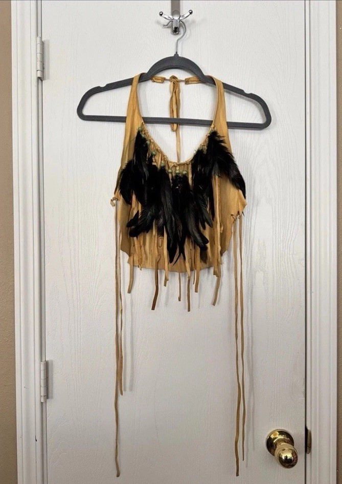 Vintage 1970’s Buckskin Leather Fringe Feather Tan Boho Halter Handmade Festival