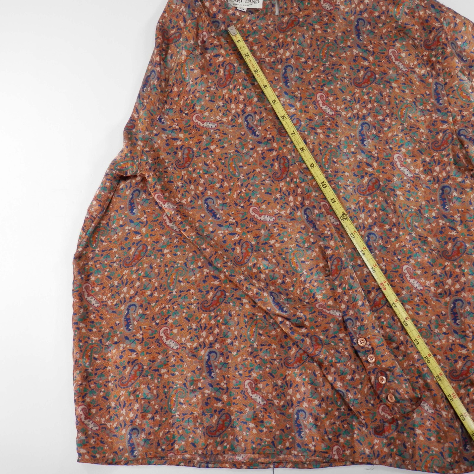 Vintage 70s 80s Womens L Paisley Print Blouse Orange Blue Stuart Lang Silky