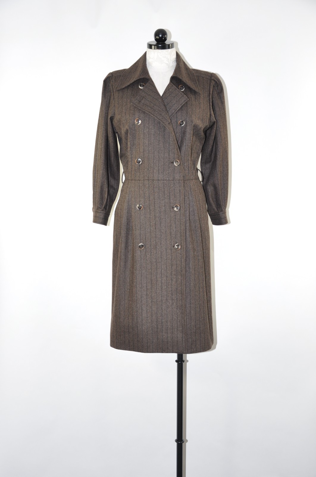 80s Vintage Saint Laurent Rive Gauche Brown Stripe Wool Tweed Coat Dress Women M