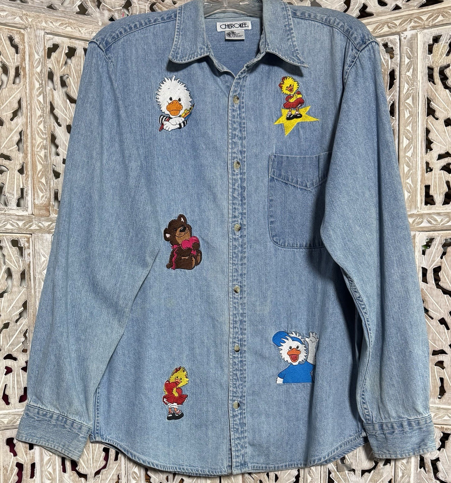 Vintage Cherokee Women’s Denim Long Sleeve Cartoon Embroidered Shirt SZ M