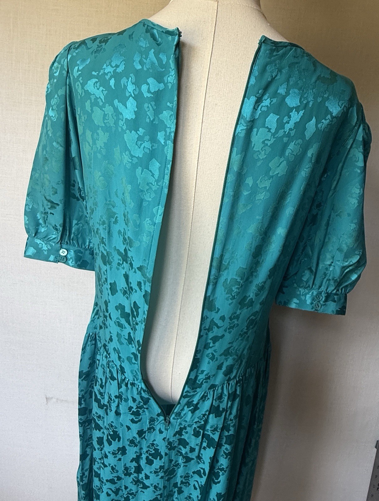 Vintage Women’s Lauren Alexandra 100% Silk Teal Jacquard Midi Dress Sz 8