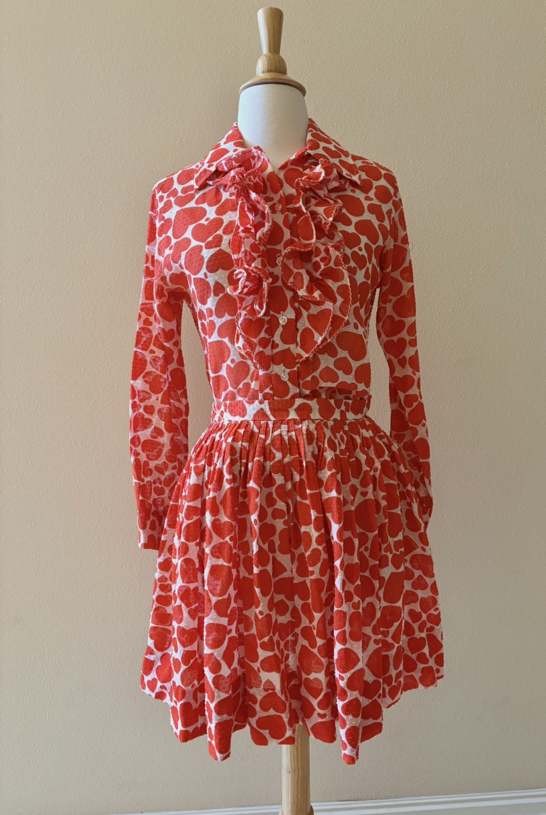 Vintage 60s 70s Ruffle Red Heart Long Sleeve Shirt Mini Skirt Dot Set small