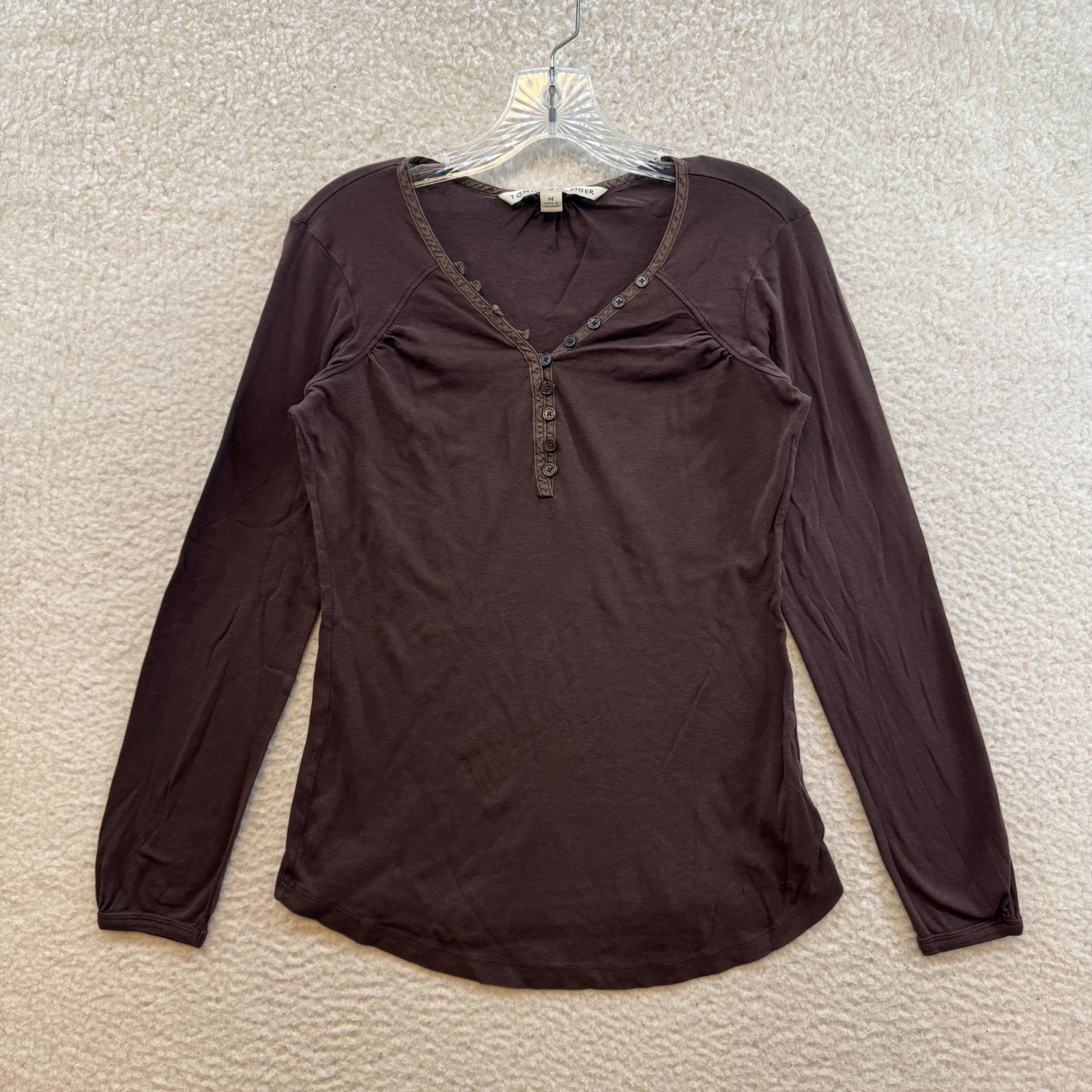Y2K Vintage Tommy Hilfiger Henley Top Medium Brown Long Sleeve Boho Fairy Grunge