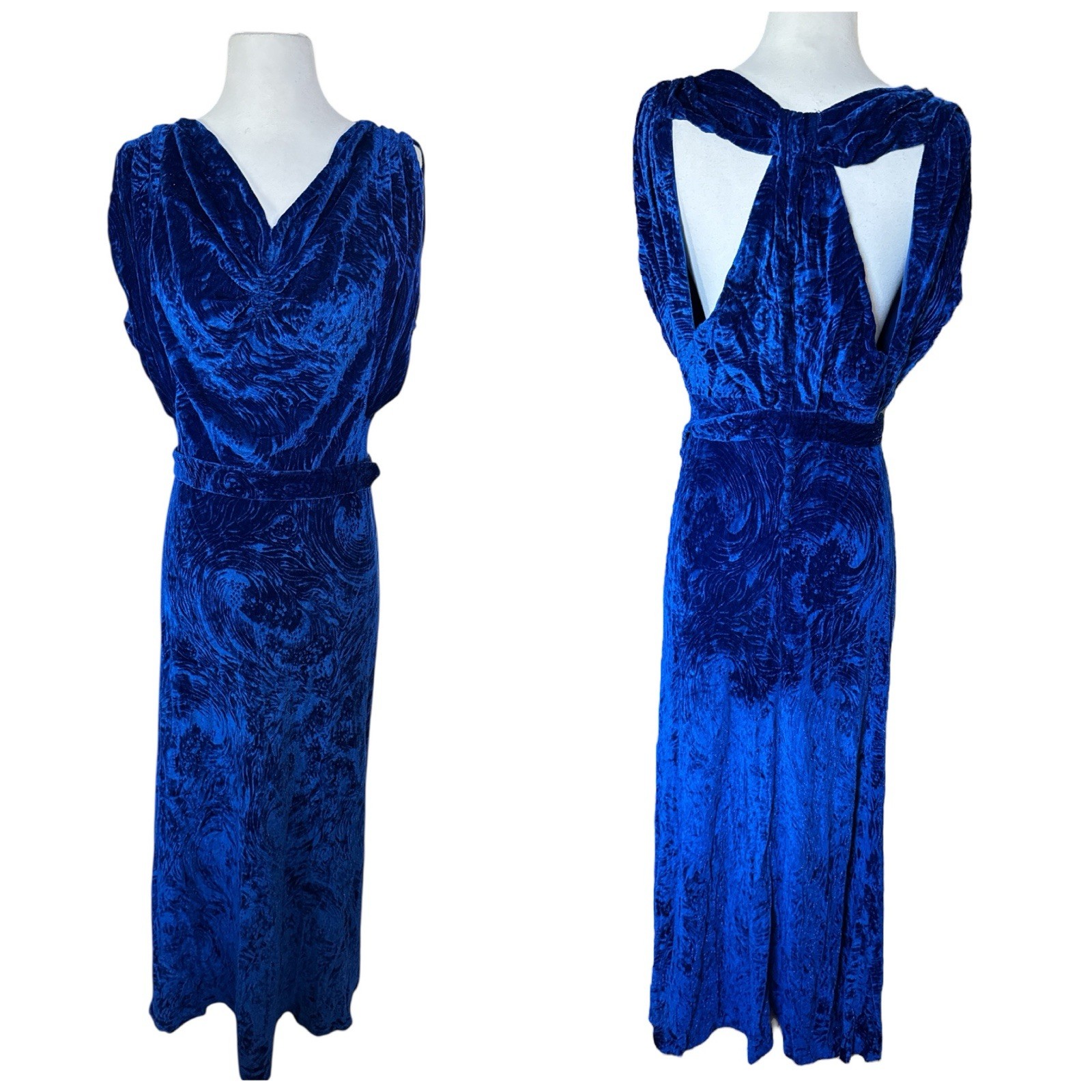 30/40’s The Halle Bros. Co. Midnight Swirls Blue Velvet Silk Gown Shimmery 32” M