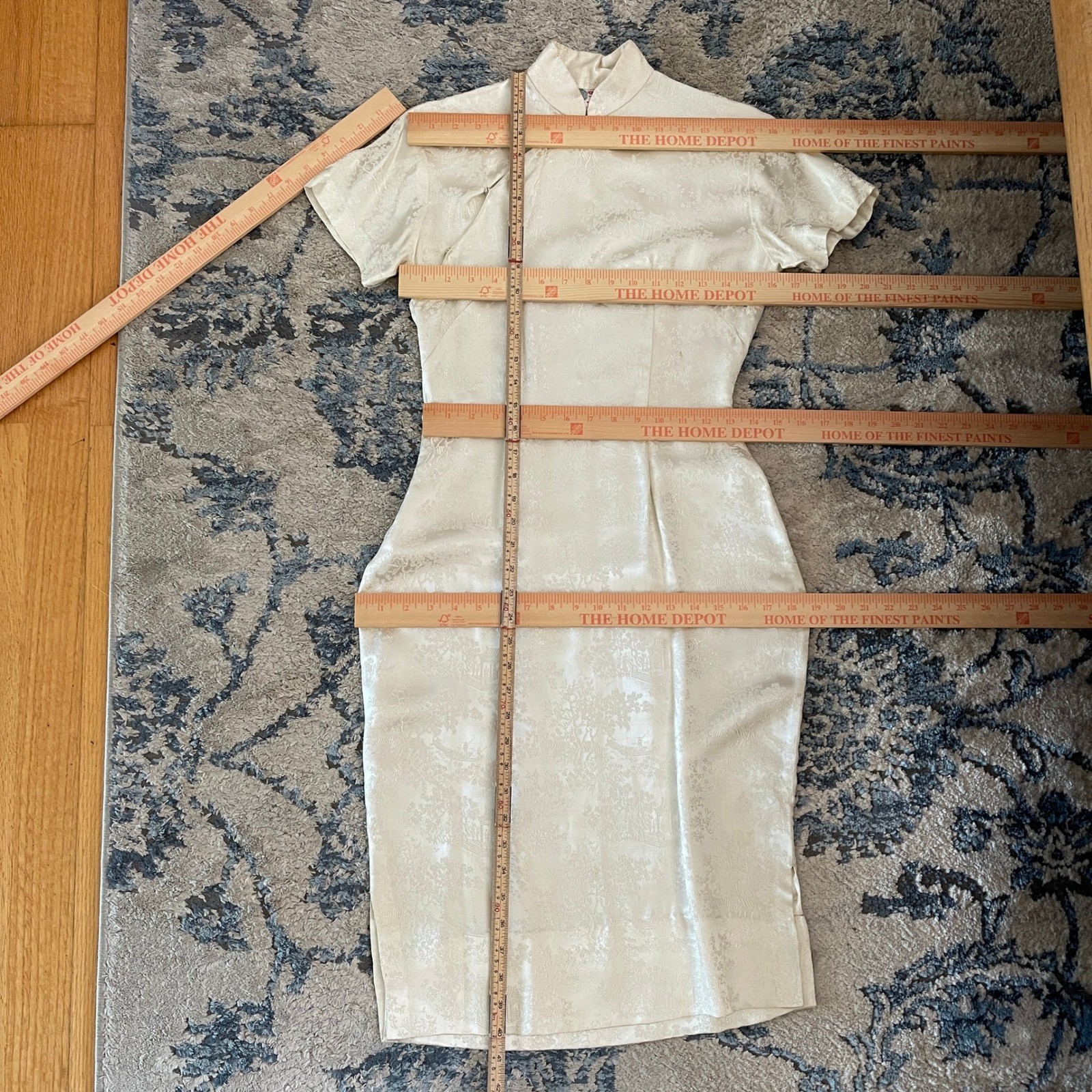 Vtg 60s Hong Kong Co Ivory White Brocade Cheongsam Qipao Dress Mandarin Collar S