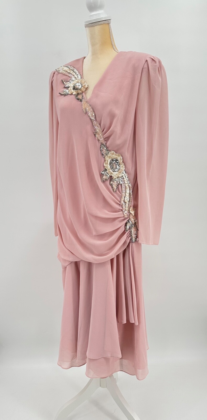 Vintage 80s Karen Lawrence Matthew Dress 15/16 Pink Crepe Drop Waist Appliqué