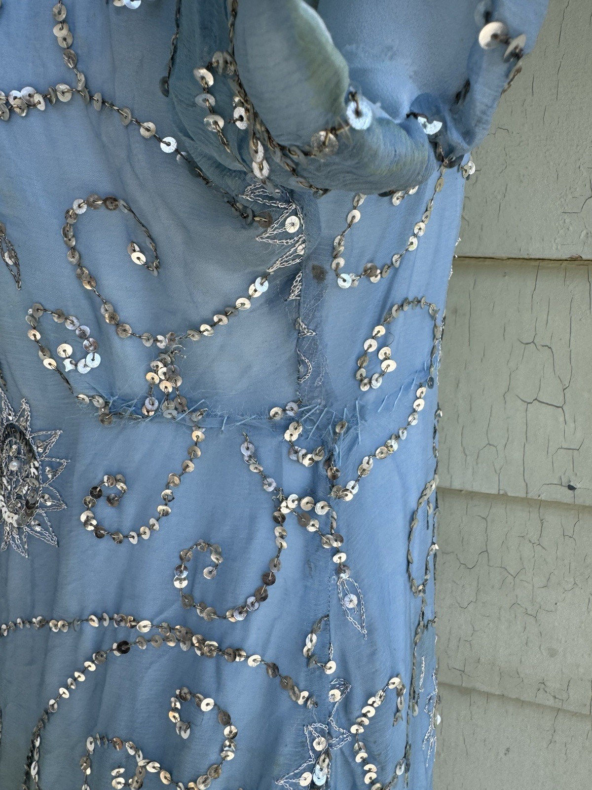 Vtg 60’s Profils Du Monde Beverly Hills Baby Blue Gown Silver Sequins Silk S