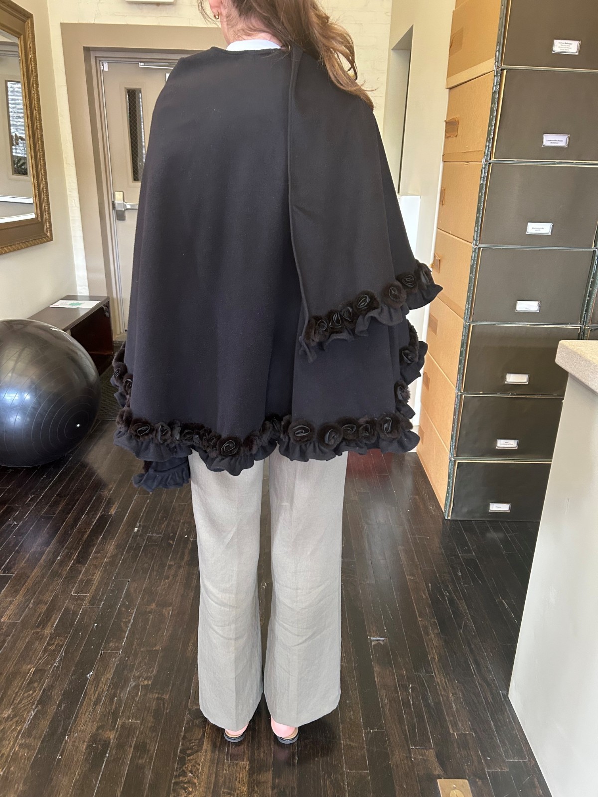 Vintage 1980’s Black Wool Cape Poncho Mink Fur Rosette Trim