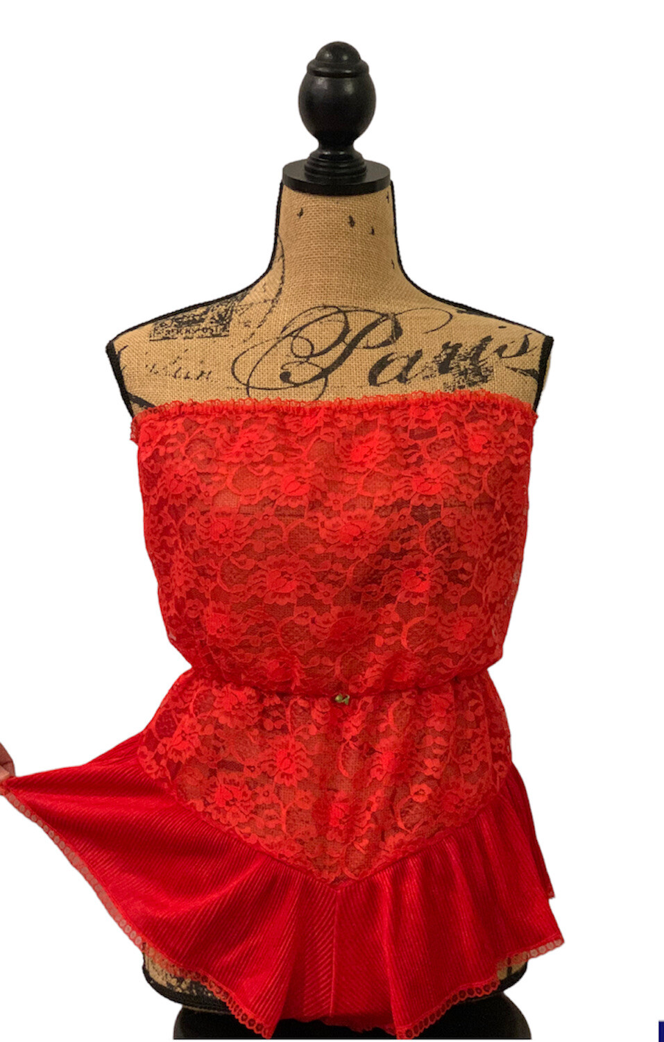 Vtg Red Nylon Lace Pleat Strapless Romper Teddy Lingerie Negligee Sexy Sz L USA