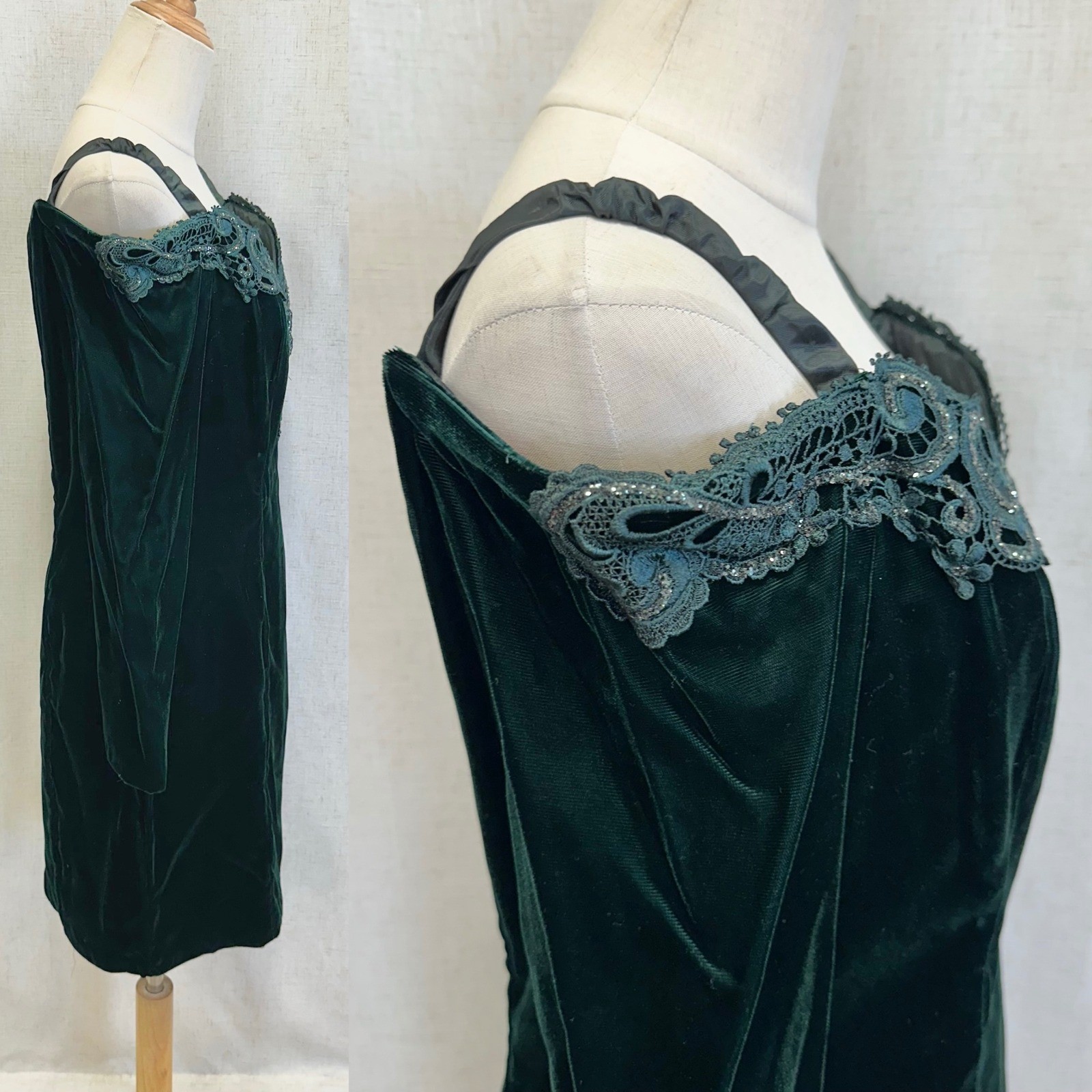 Moda International Emerald Green Velvet Lace Cold Shoulder Goth Dress Size 12