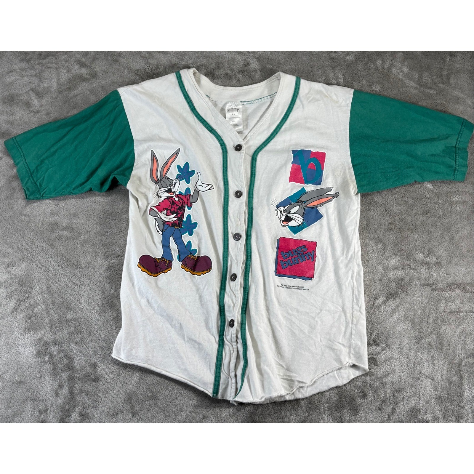 VTG Sun Sportswear Bugs Bunny Baseball Jersey Women Medium White Green 1994 90s