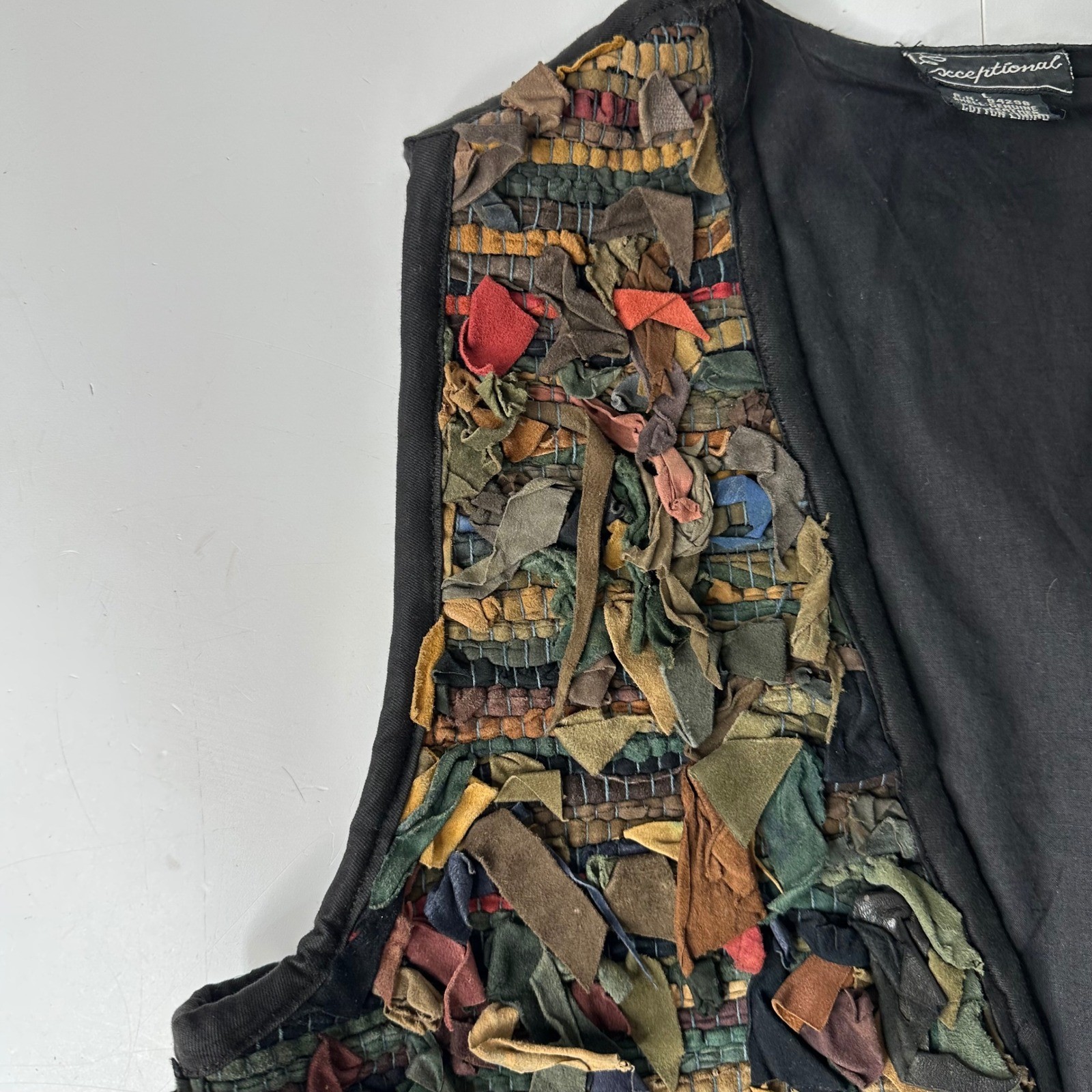 Vtg Exceptional Leather Scrap Vest Multicolor Black Boho Artwear Rag Rug Sz L