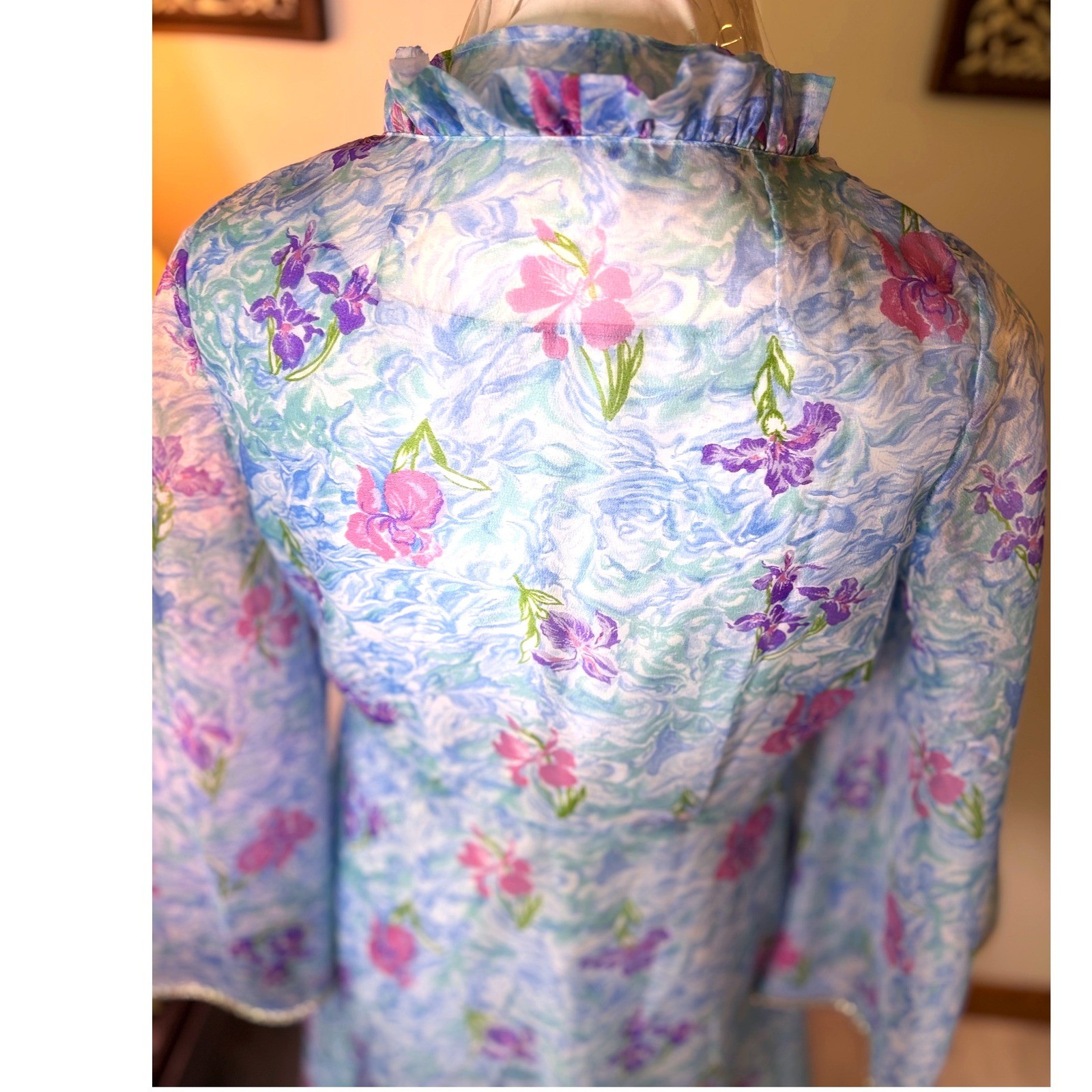 Vintage 60s Mad Men flower Dress Set, Sheer Layered Gown Bell Sleeve S/M