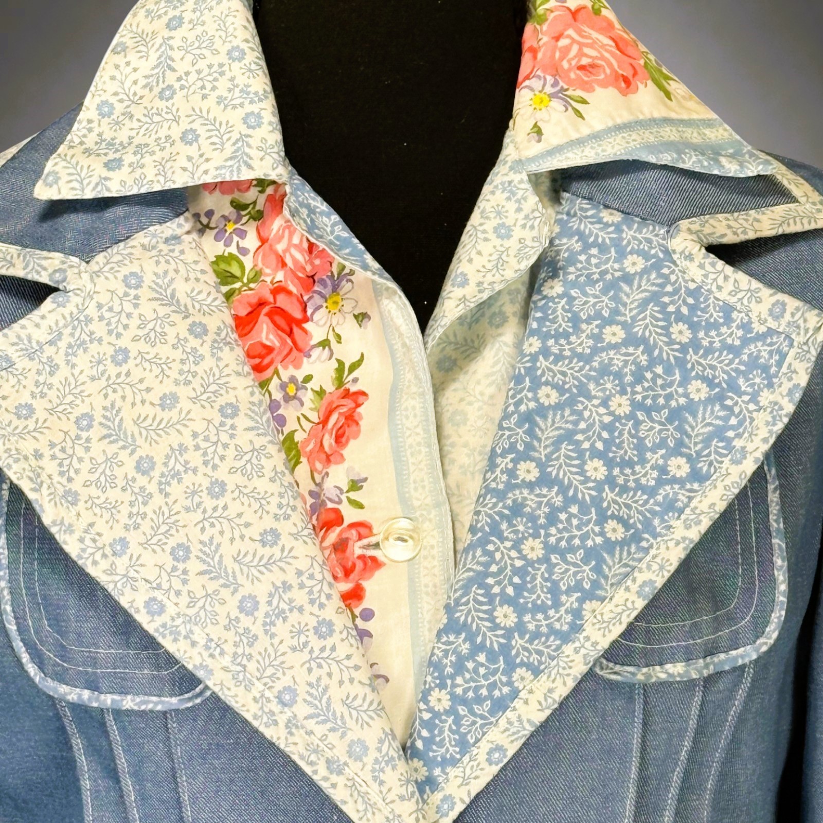 Vintage 1970s Handmade 3 Pc Denim Pant Suit Floral Boho Prairie Women’s Set