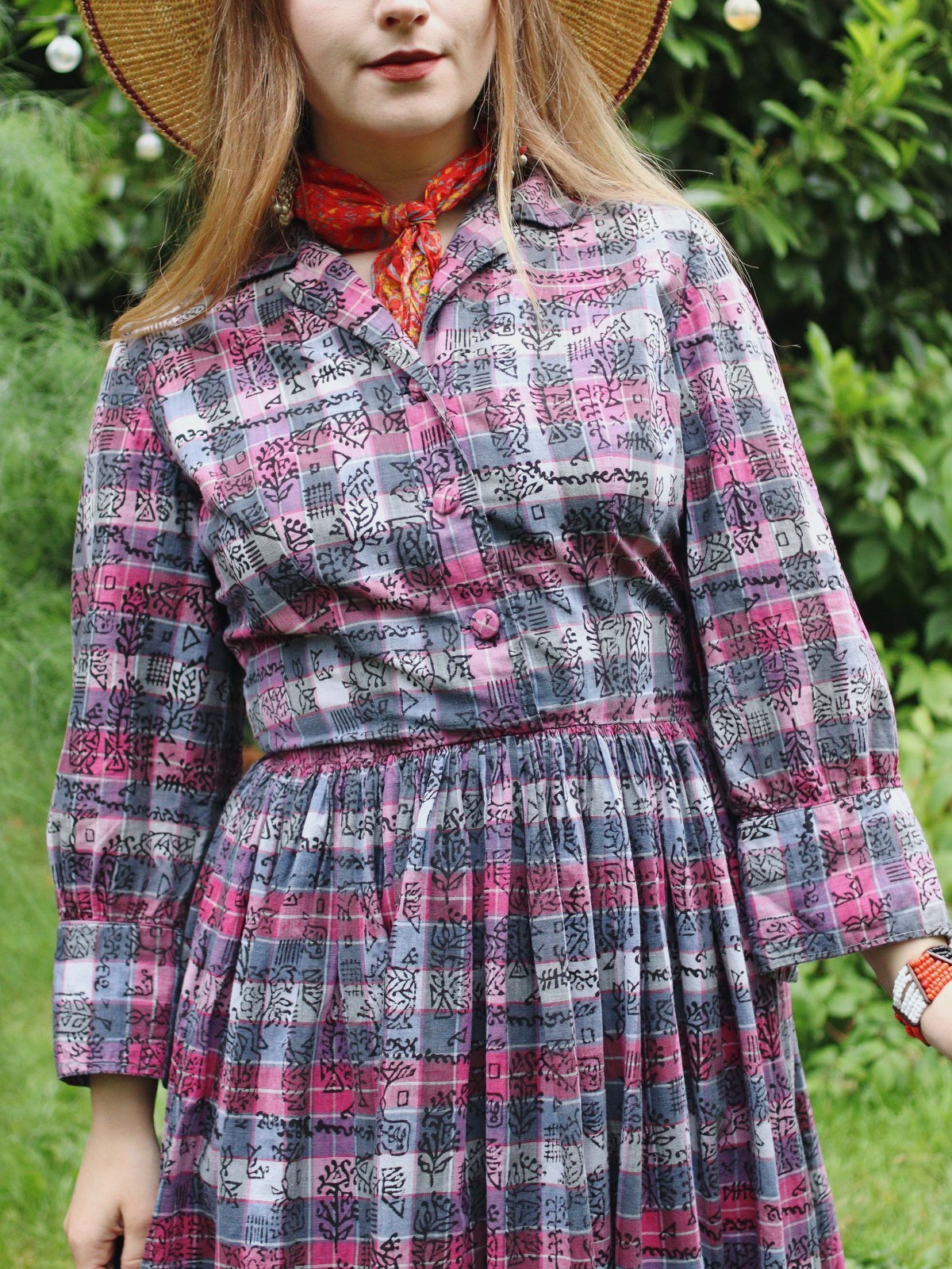 VTG 1950s Shirt Dress Madras Plaid Cotton Indian Tapestry Block printed Collared