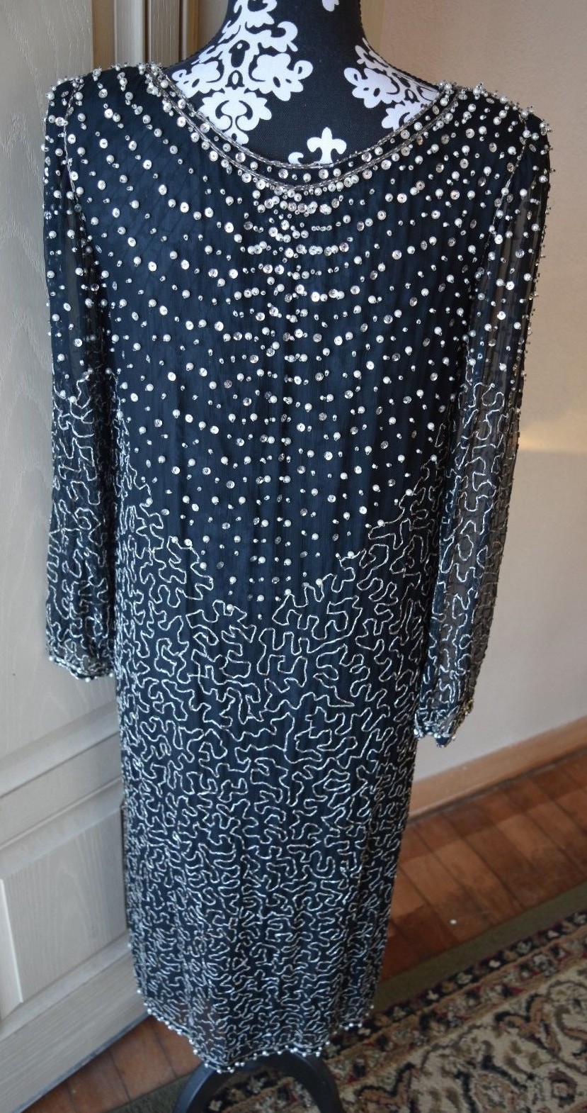 Vintage Jasmine By KVM Black Dress Size Small 100% Silk Beaded Great Gatsby