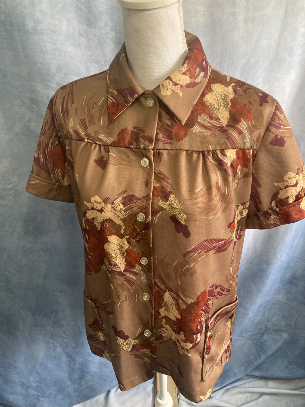 Vtg 70s Polyester Smock Blouse Top Abstract Earth Tone Disco Collar GUC Retro