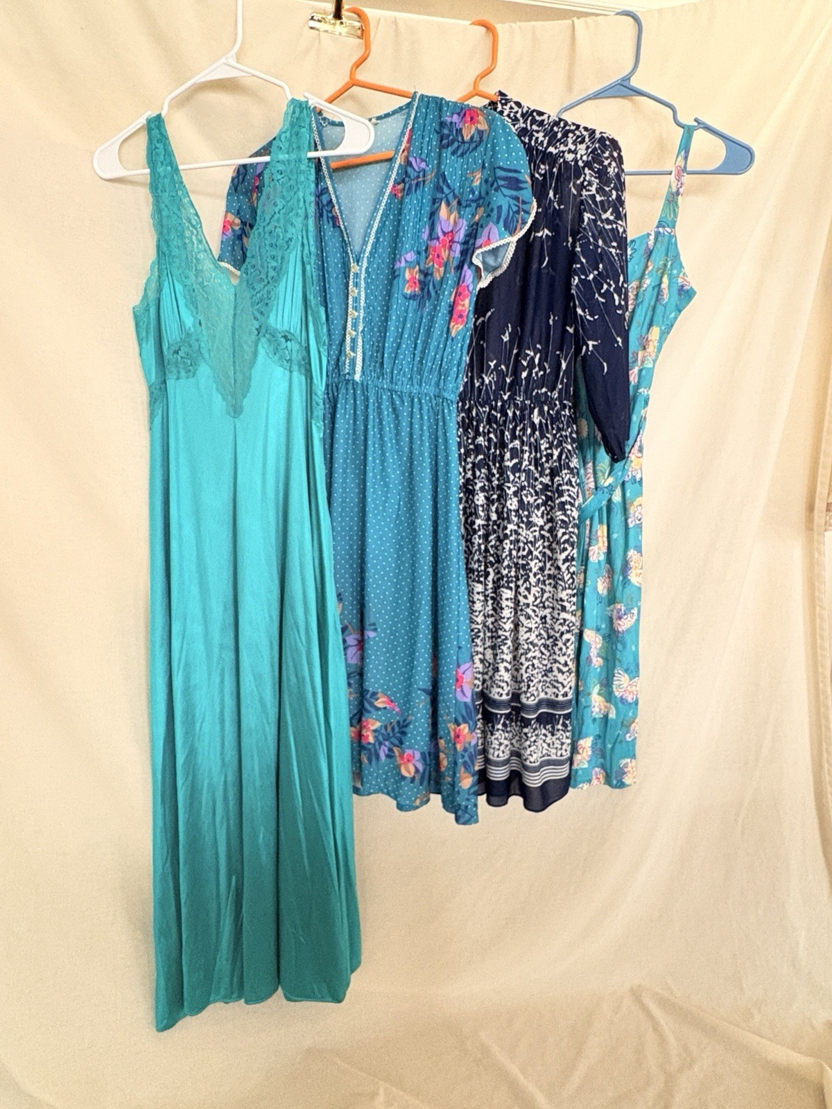 Vintage Lot of 4 Blue/Teal 70s Floral Midi & Maxi Dresses Lace Slip S/M