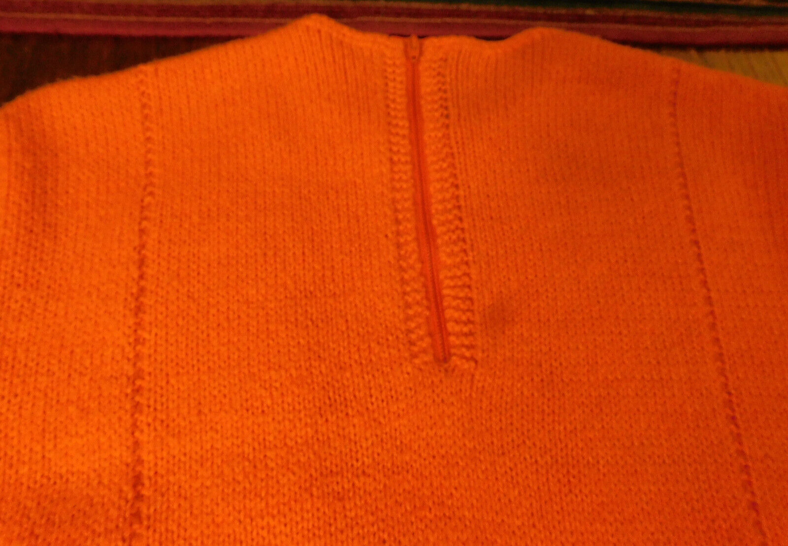 Vtg Hand Crocheted Knit Sweater Maxi Dress Orange Leaf pattern trim FAB Med OOAK