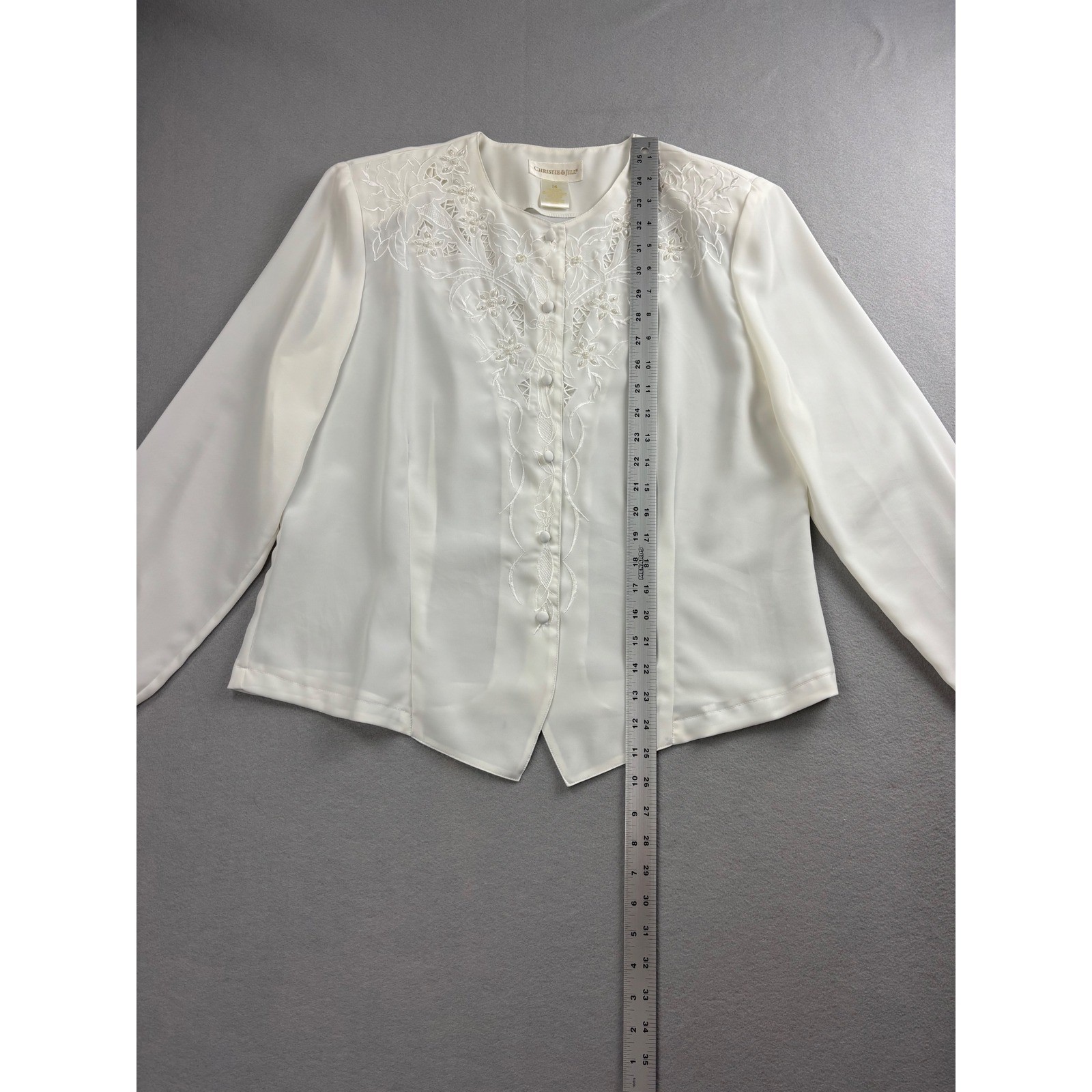 Vintage Christie & Jill White Embroidered Beaded Blouse Size 14 Long Sleeve