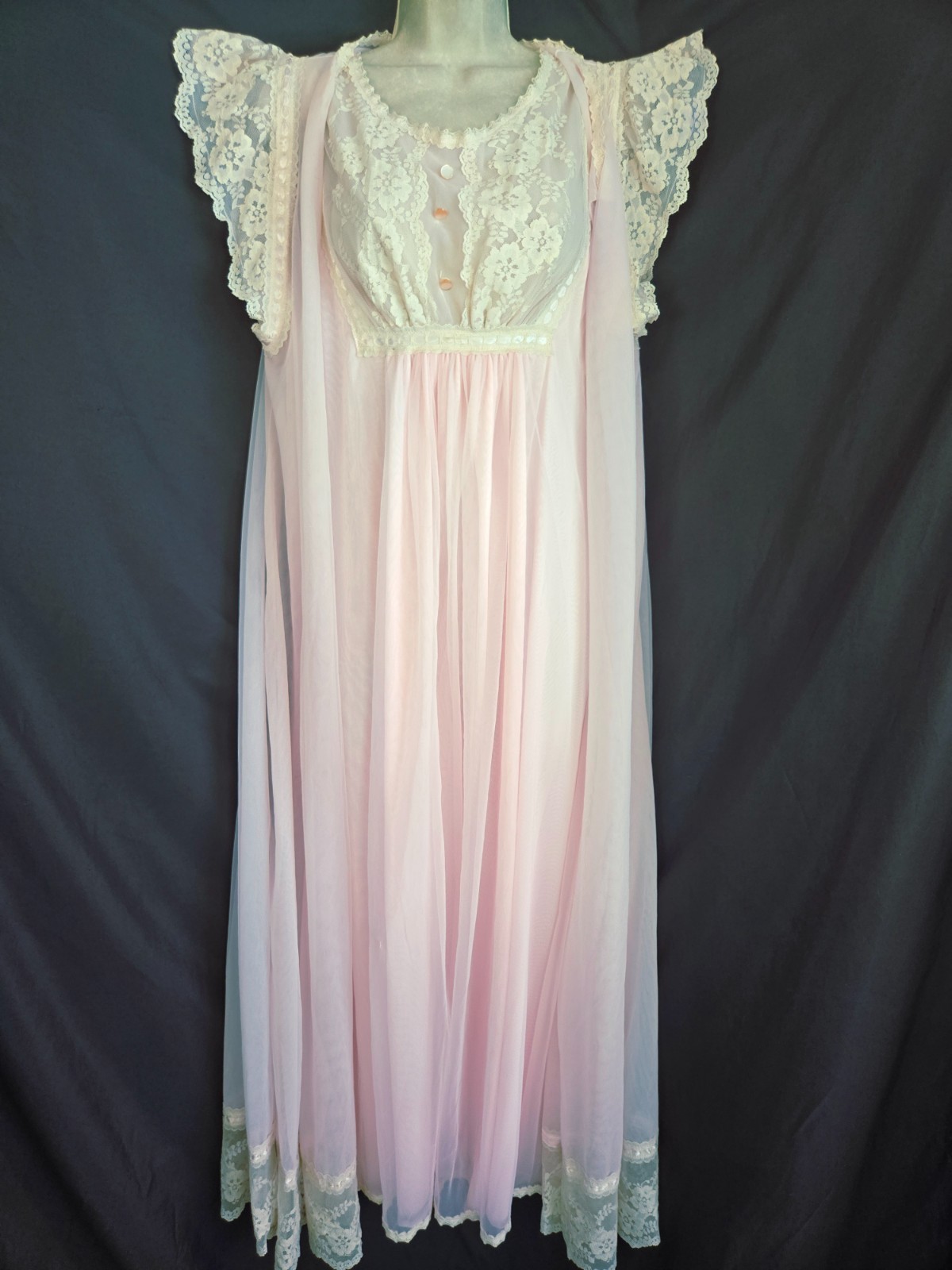 Vtg 60s Gilead Pink Dbl Layer Nylon Chiffon Nightgown Long Peignor Robe SET M