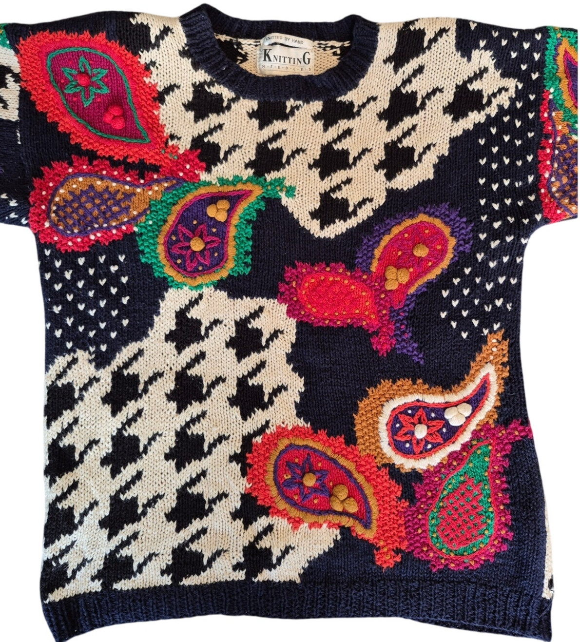VTG 80s Knitting Needles Houndstooth Paisley Intarsia Sweater S/M Ramie Cotton