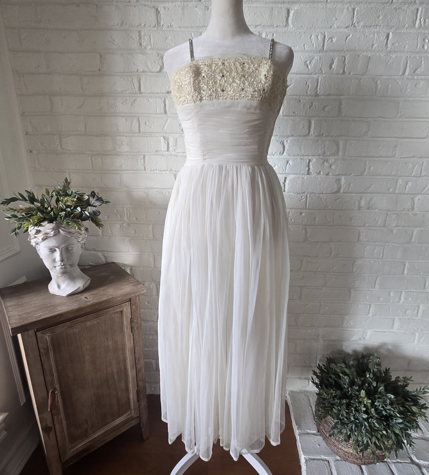 Vtg 1950s 60s Rhinestone Ruched Party Dress, Wedding, Bridal