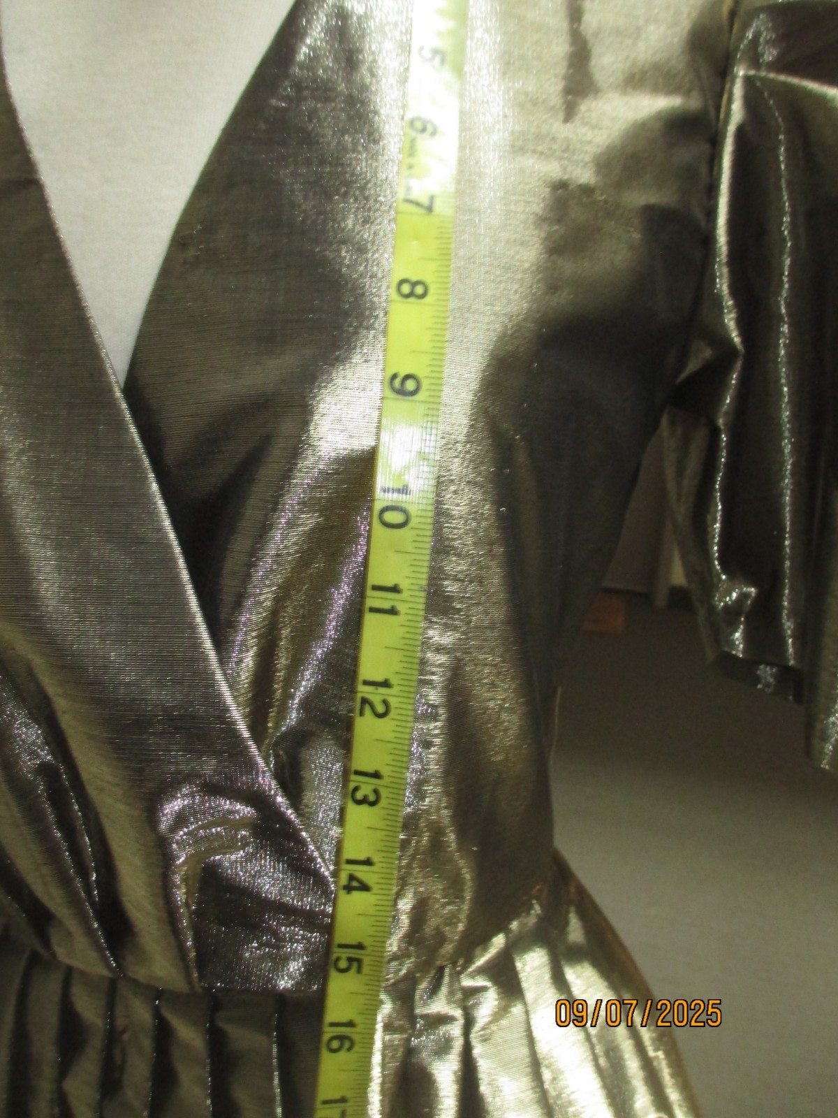 Handmade gold metallic vintage dress 1950s, sz M, surplice neckline w pleating