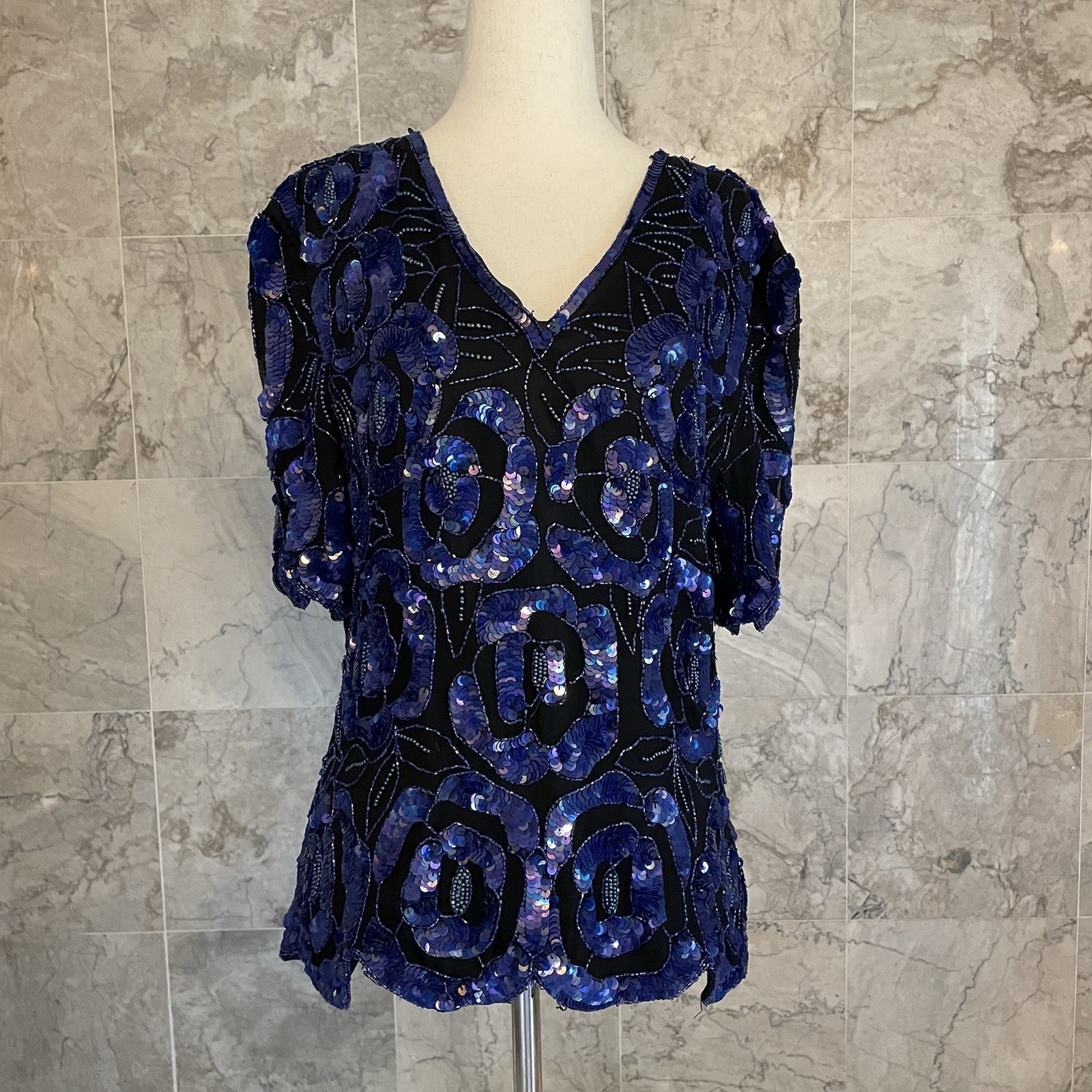 Vintage Stenay Blue Evening Beaded Sequin Blouse Top L