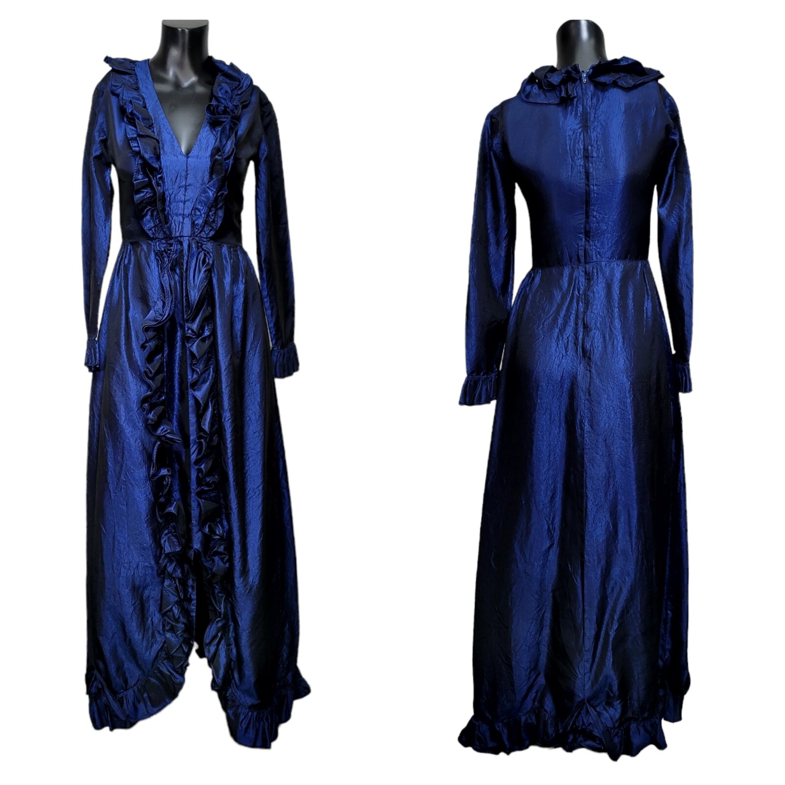 Vintage 70s Dan Leslie Womens S Midnight Blue Crushed Taffeta Ruffles Maxi Gown