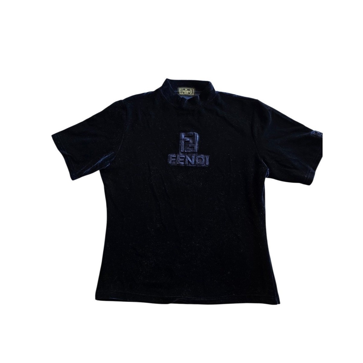 FENDI VTG Y2K Maximalist Velour Dark Purple Front Logo Short Sleeve Top sz M-L
